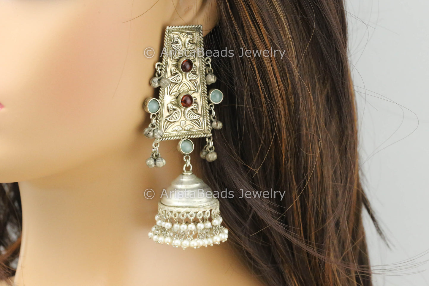 Large Mint Red Silver Polish Clear Jhumka
