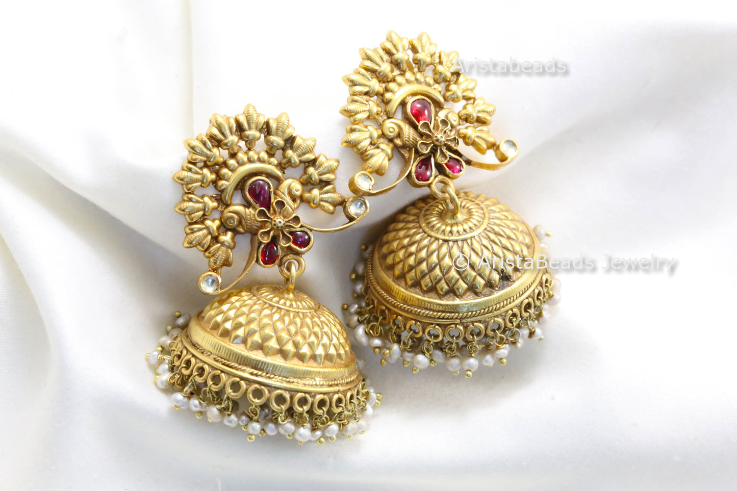 Large 925 Silver Nakshi Kundan Jhumka With Real Pearls