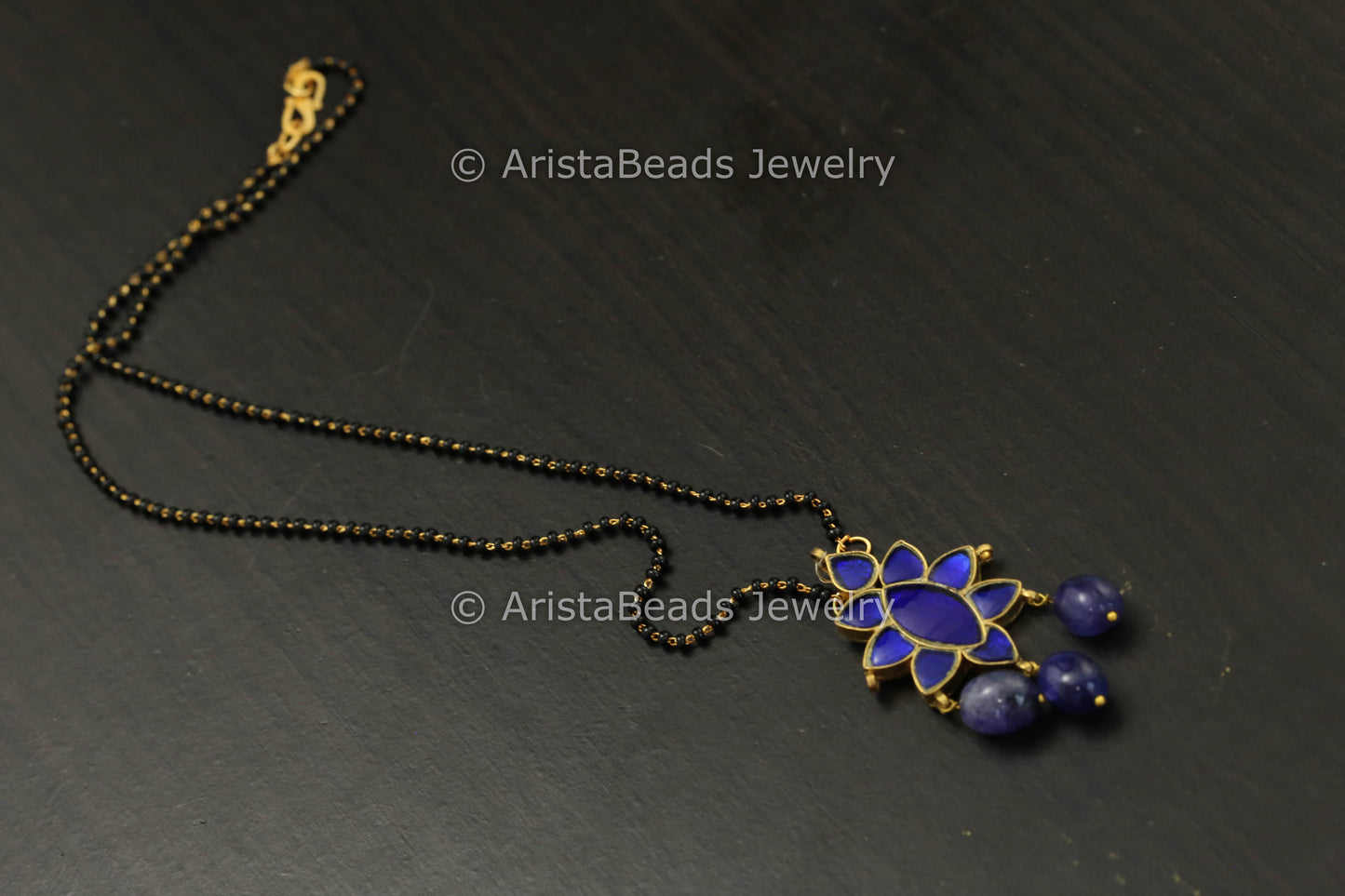 Dainty Blue Jadau Kundan Pendant Necklace