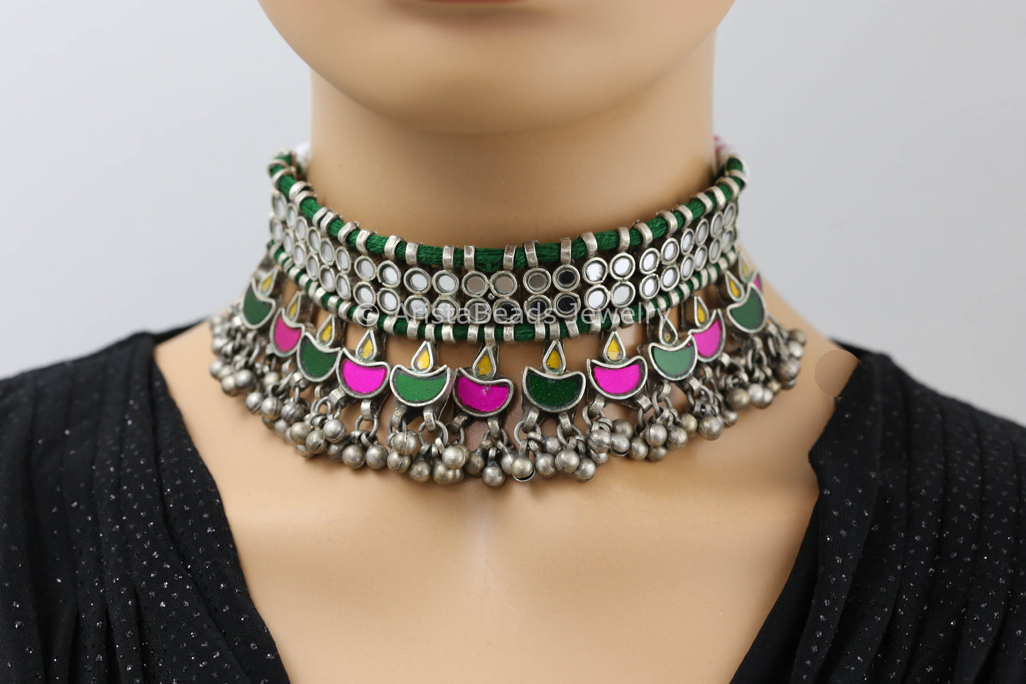 Darpan Oxidized Real Glass Necklace- Multicolor
