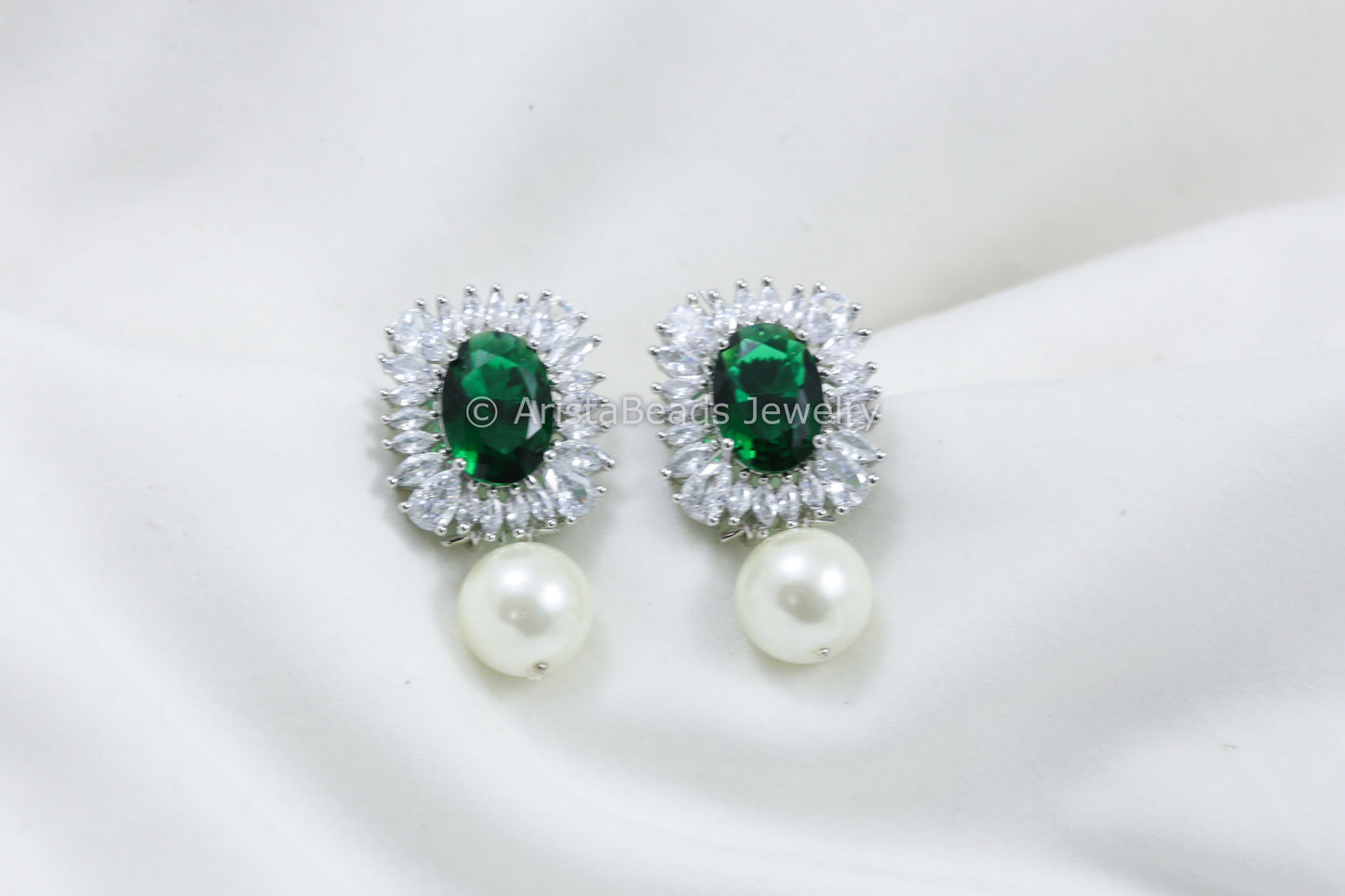 Green CZ Earring With Pearl Drops