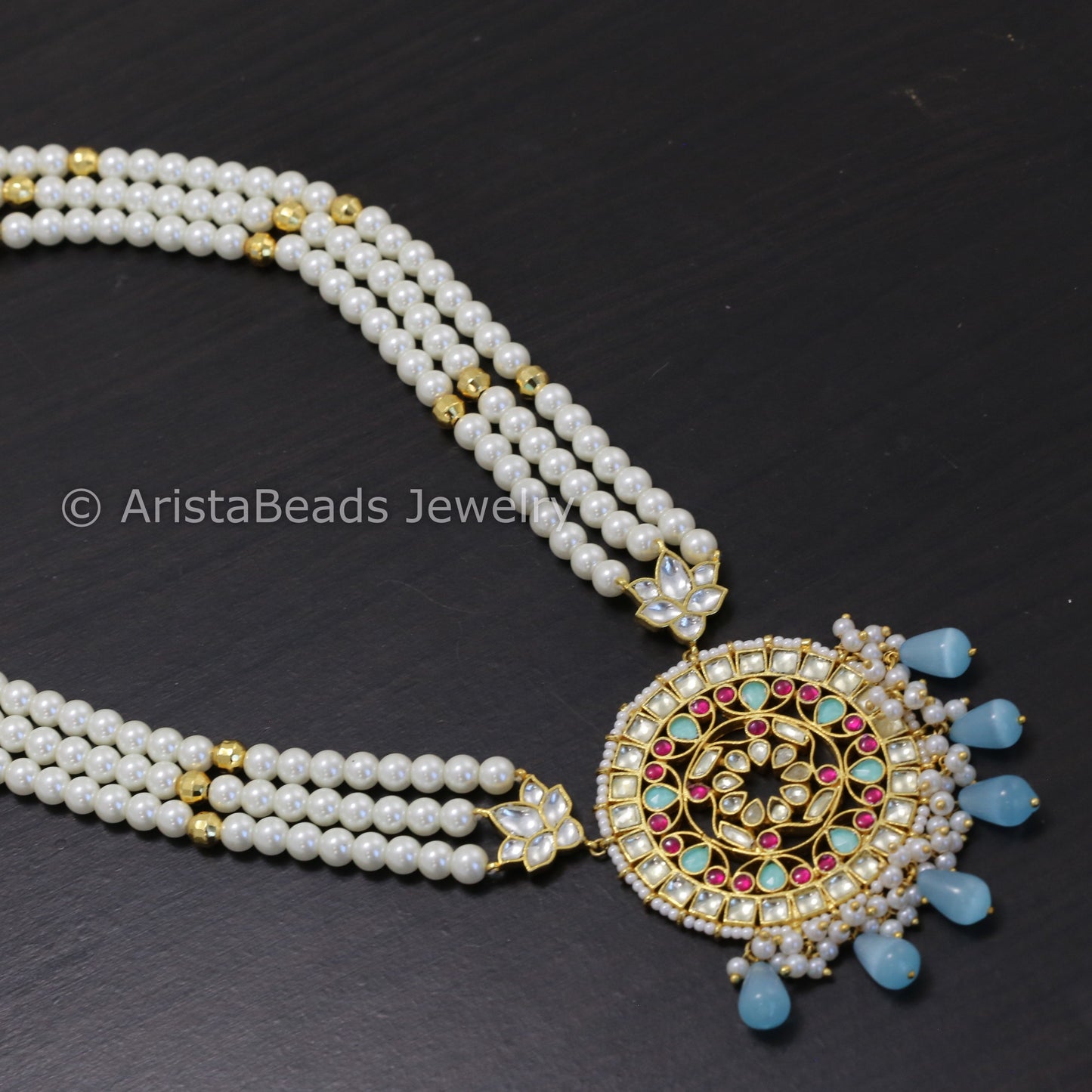 Long Pearl Mala & Pachi Kundan Necklace - Mint Drops