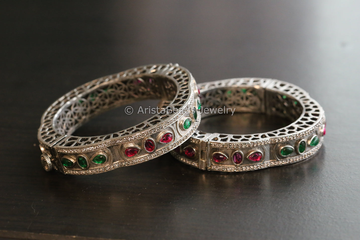 Silver Look Kemp Oxidized Bangle (Openable) - Green Ruby