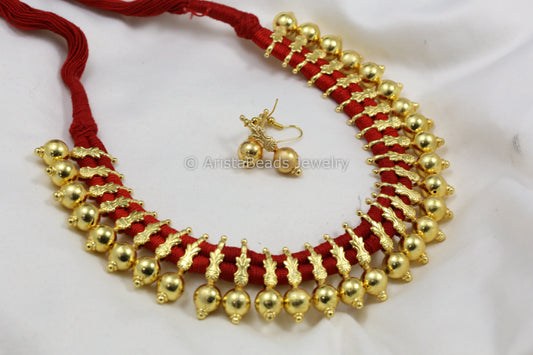 Gold Finish Thread Necklace - Red