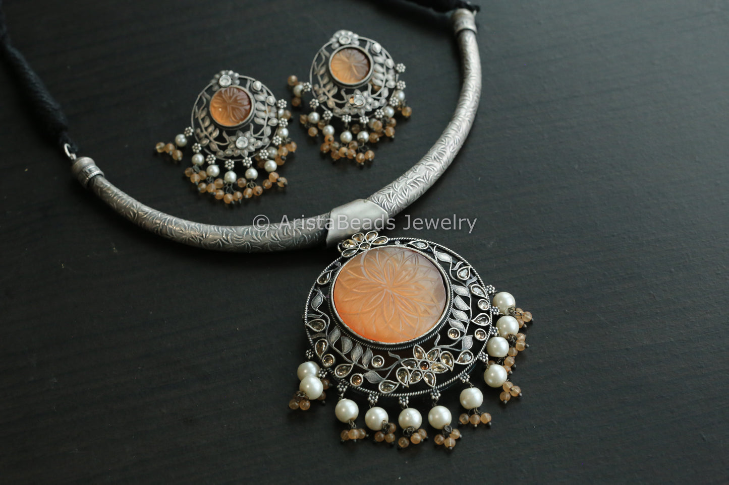Orange Carved Stone Hasli Necklace Set