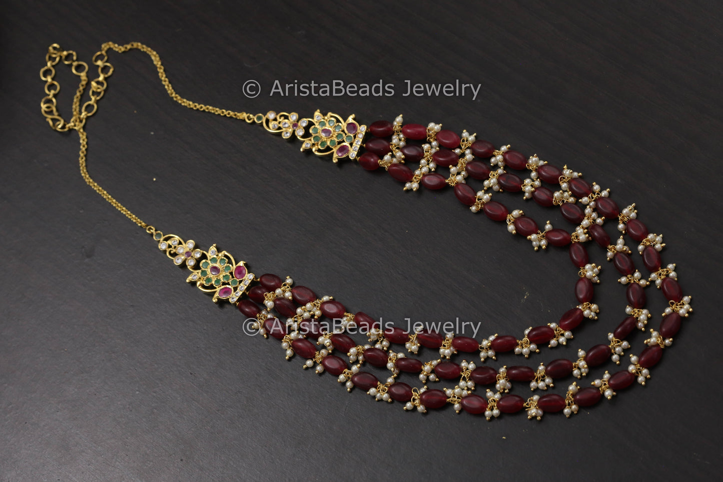 3 Strands Beaded Necklace - Ruby