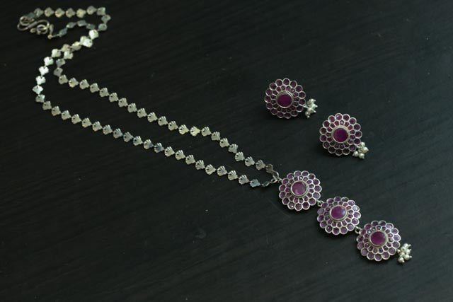 Silver Look Long Necklace Set - Ruby