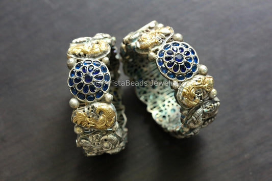 Silver Replica Nakshi Bangle (Openable) - Blue