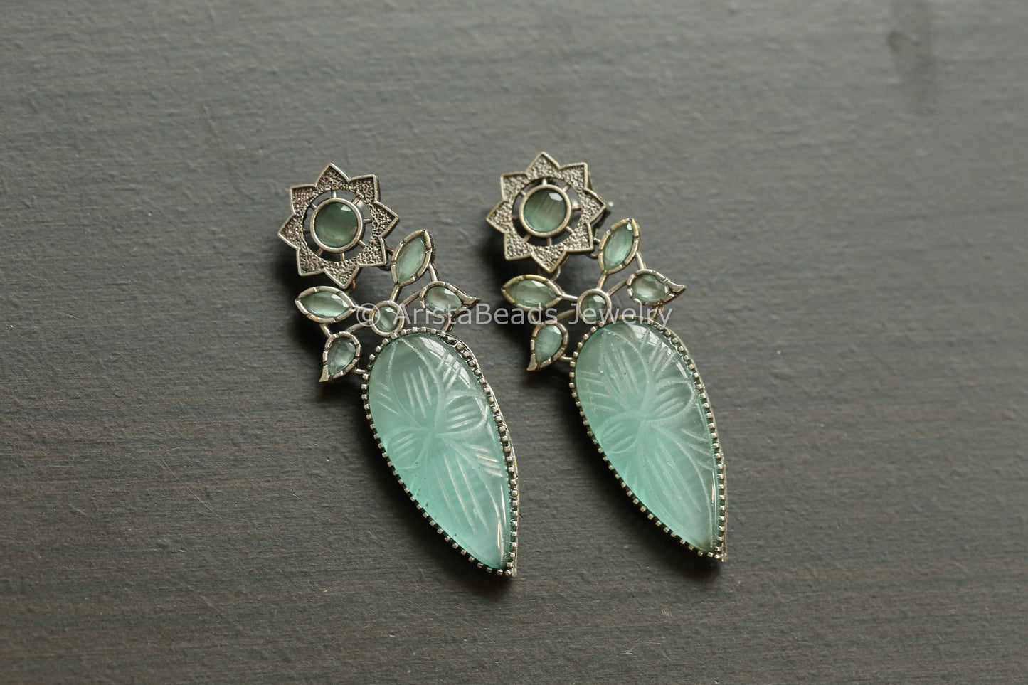 Large Oxidized Carved Stone Earrings - Mint
