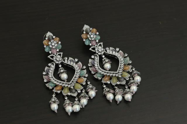 Large Contemporary CZ Silver Finish Earrings