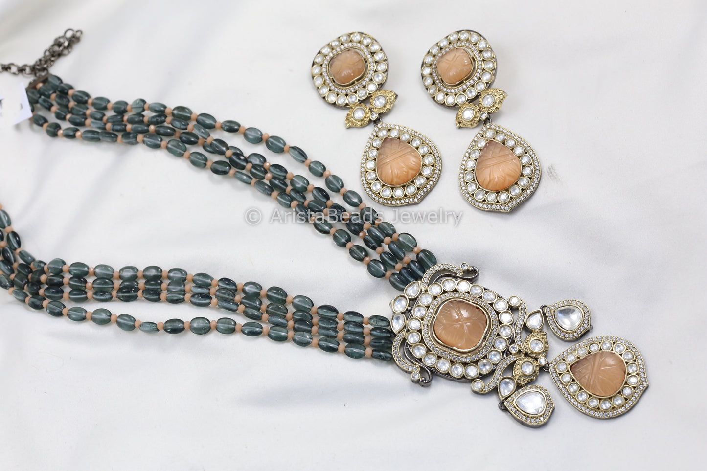 Contemporary Victorian Uncut Kundan Necklace Set - Orange