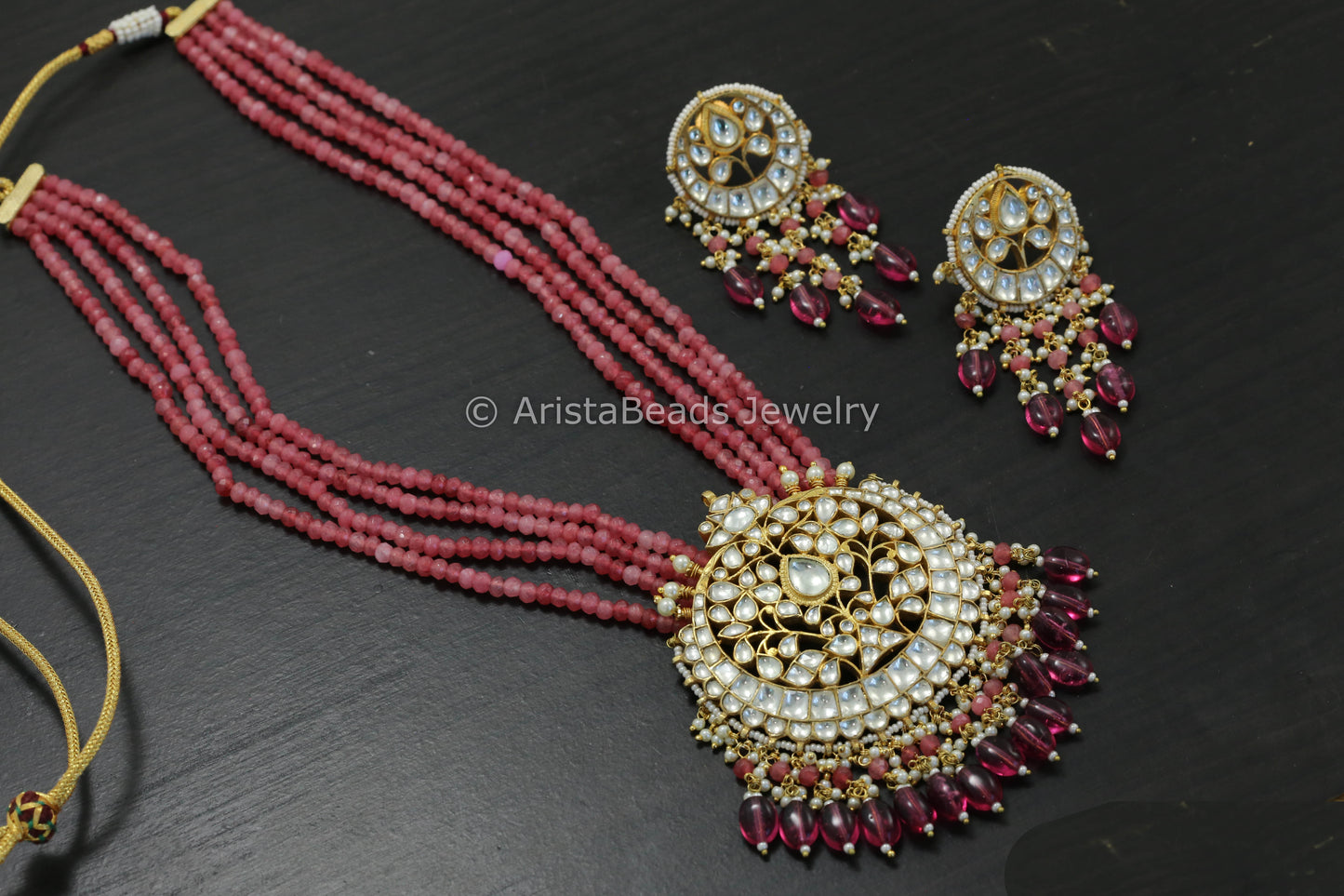 Large Clear Pachi Kundan Necklace Set In Onxy Beads