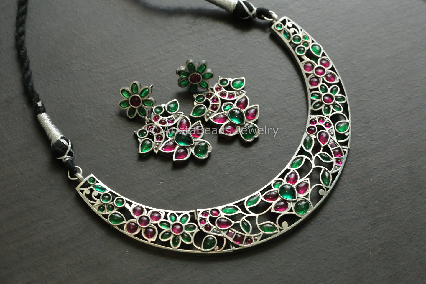 Handmade Oxidized Hasli Necklace - Ruby Green