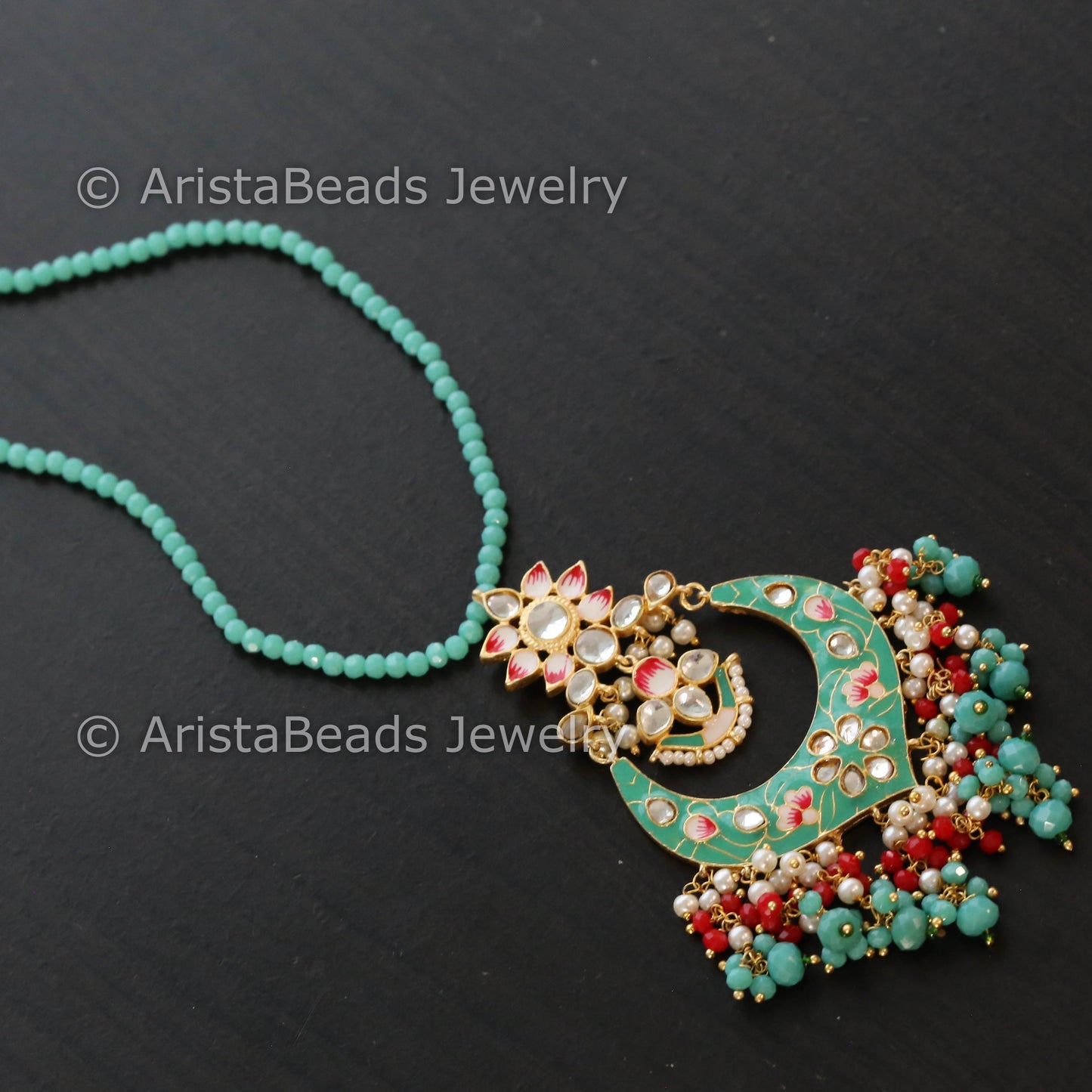 Handmade Mala Necklace With Enamel Pendant - Mint
