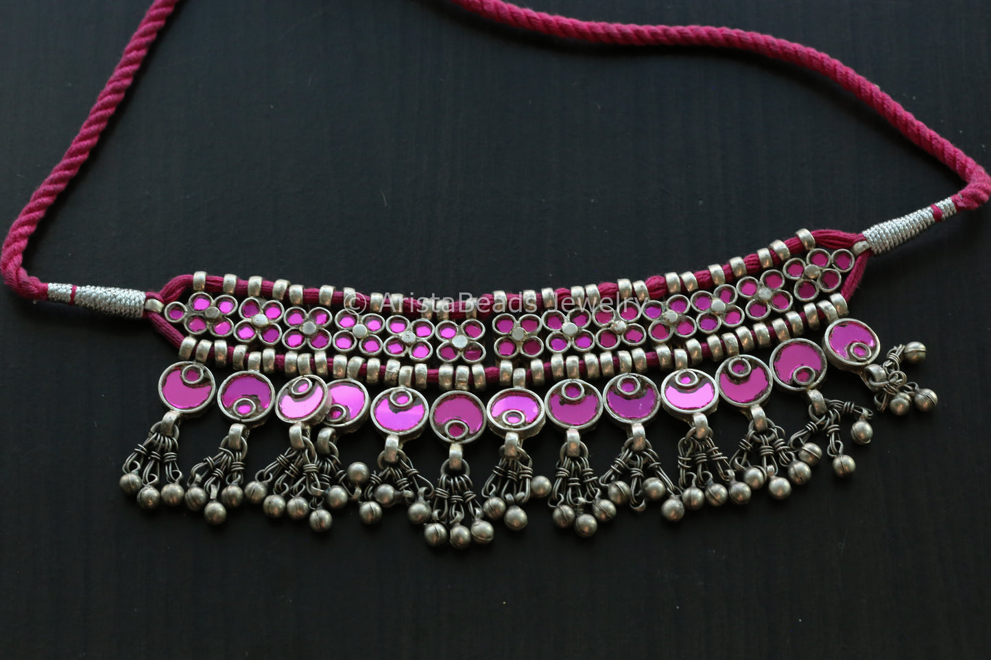 Darpan Oxidized Real Glass Necklace- Pink