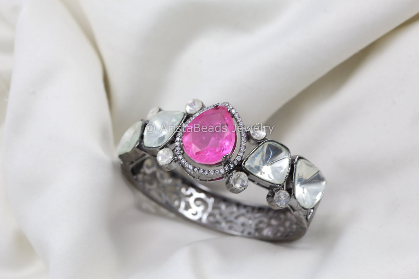 Victorian Uncut Polki & Doublet Bracelet (Openable) - Pink