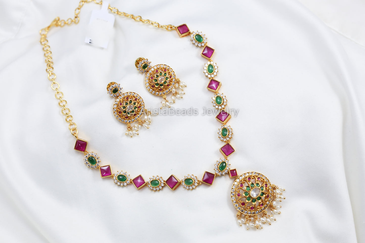 Dainty CZ Pota Stone Necklace Set With Real Pearls - Multi