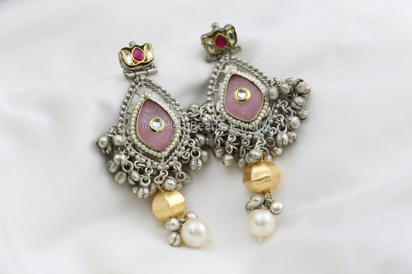 Pink Carved Stone Silver Replica Earrings