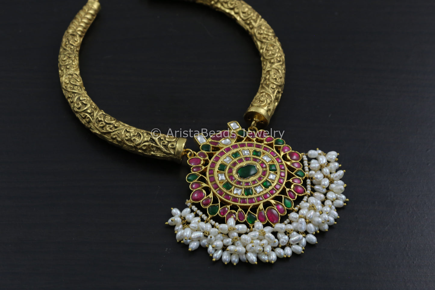 Jadau Kundan Pendant In Carved Hasli & Real Pearls