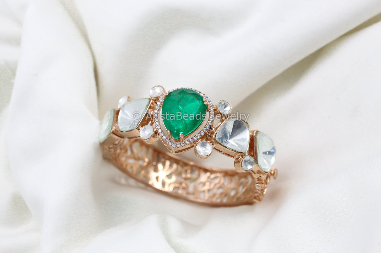 Rose Gold Uncut Polki & Doublet Bracelet (Openable) - Green