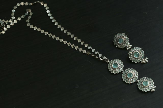 Silver Look Long Necklace Set - Mint