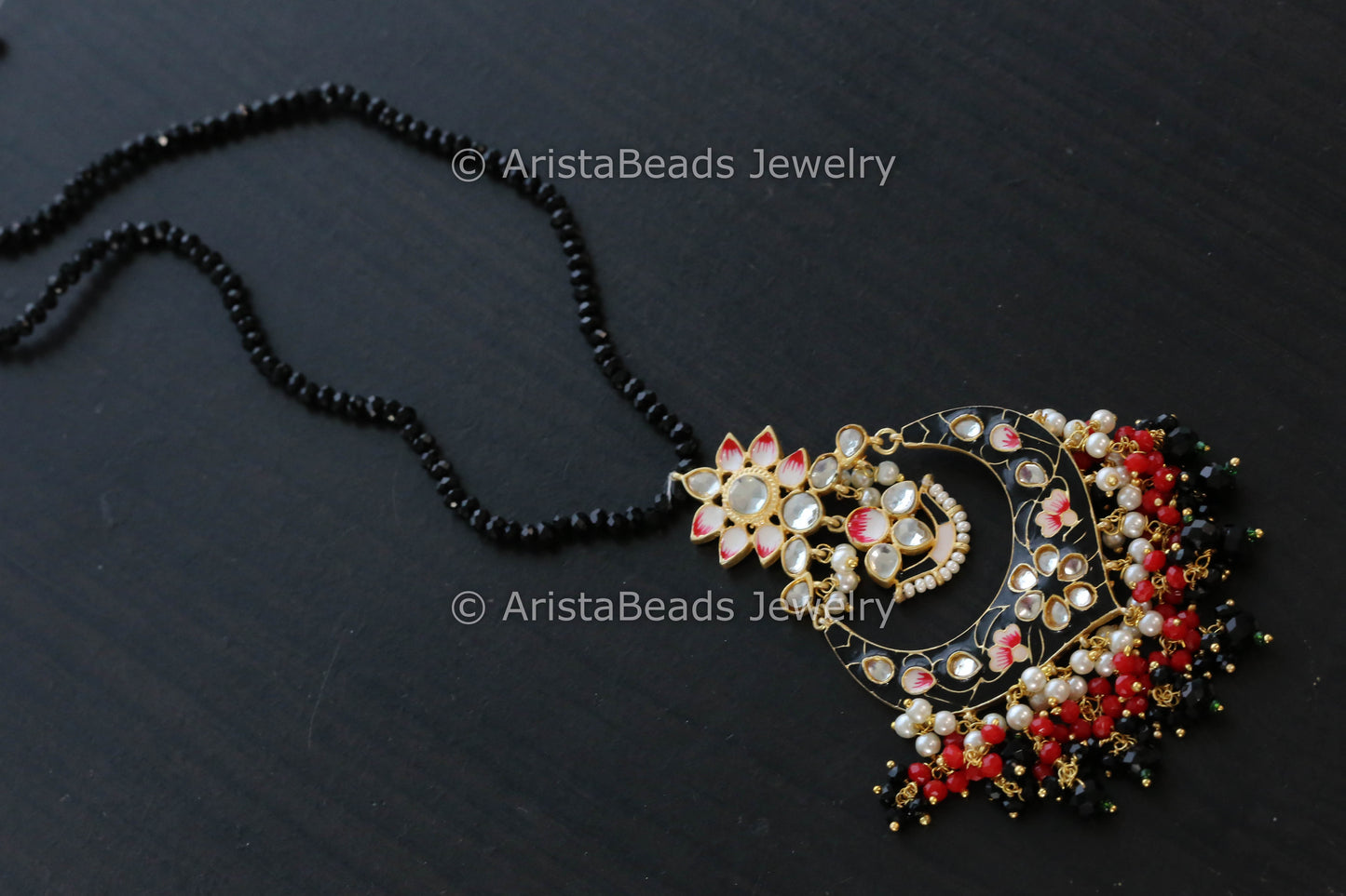 Handmade Mala Necklace With Enamel Pendant - Black