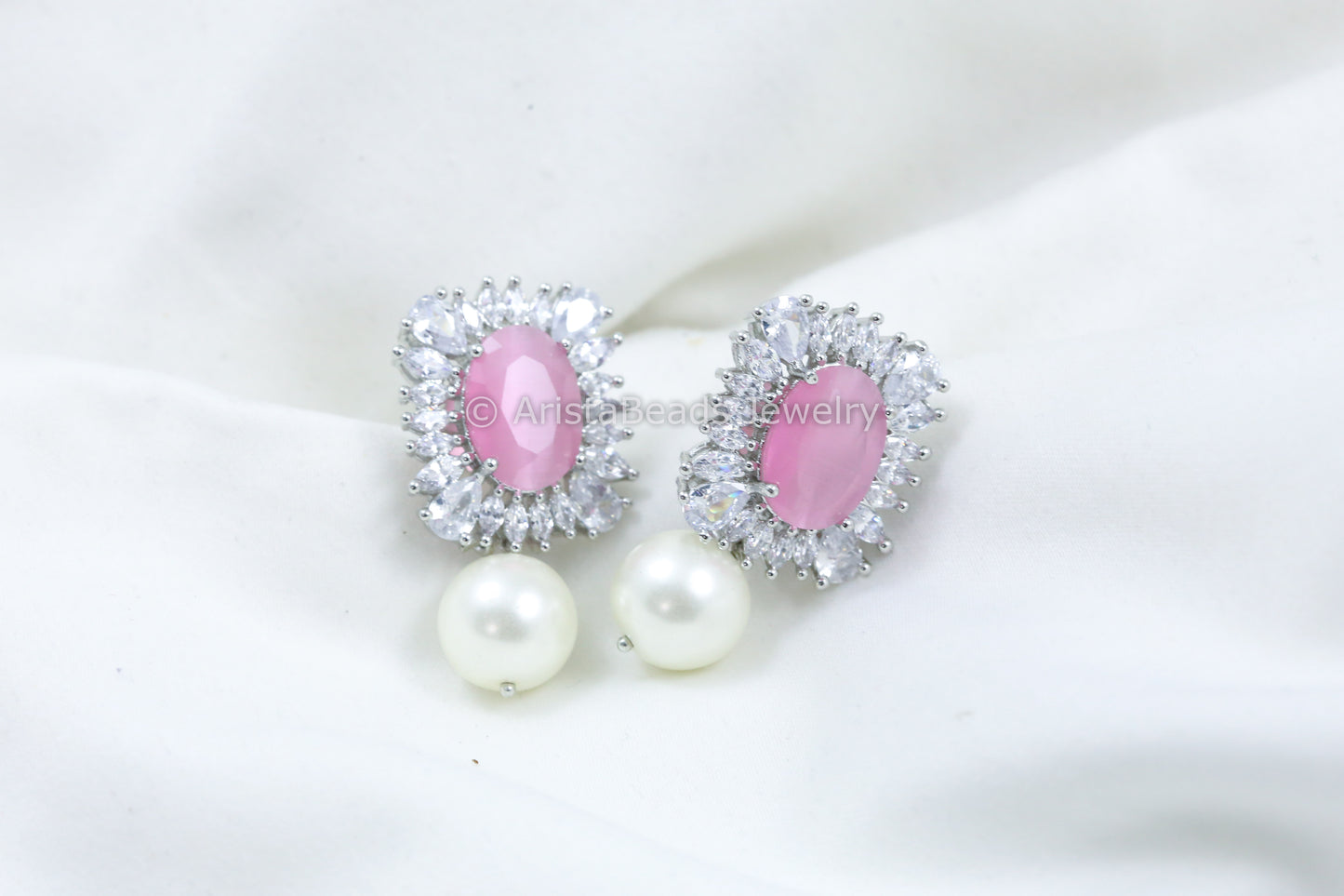 Pink CZ Earring With Pearl Drops