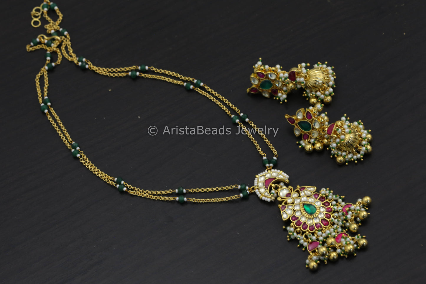 Dainty Gold Look Pachi Pendant Necklace Jhumka Set