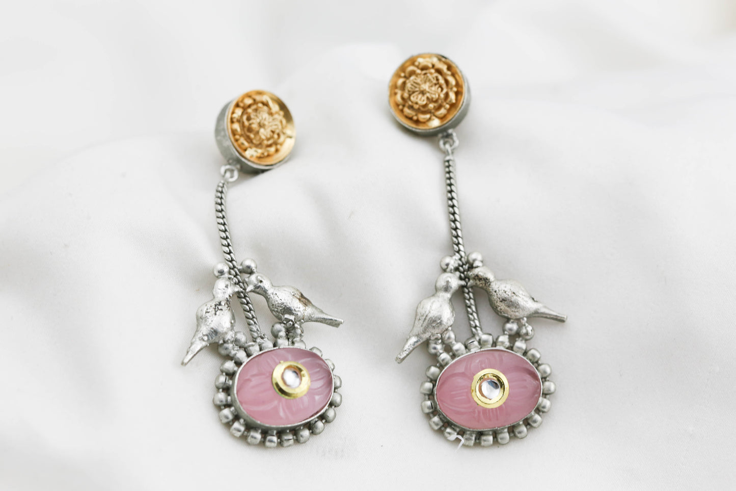 Silver Polish Pink Kundan Earrings