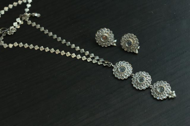 Silver Look Long Necklace Set - Clear