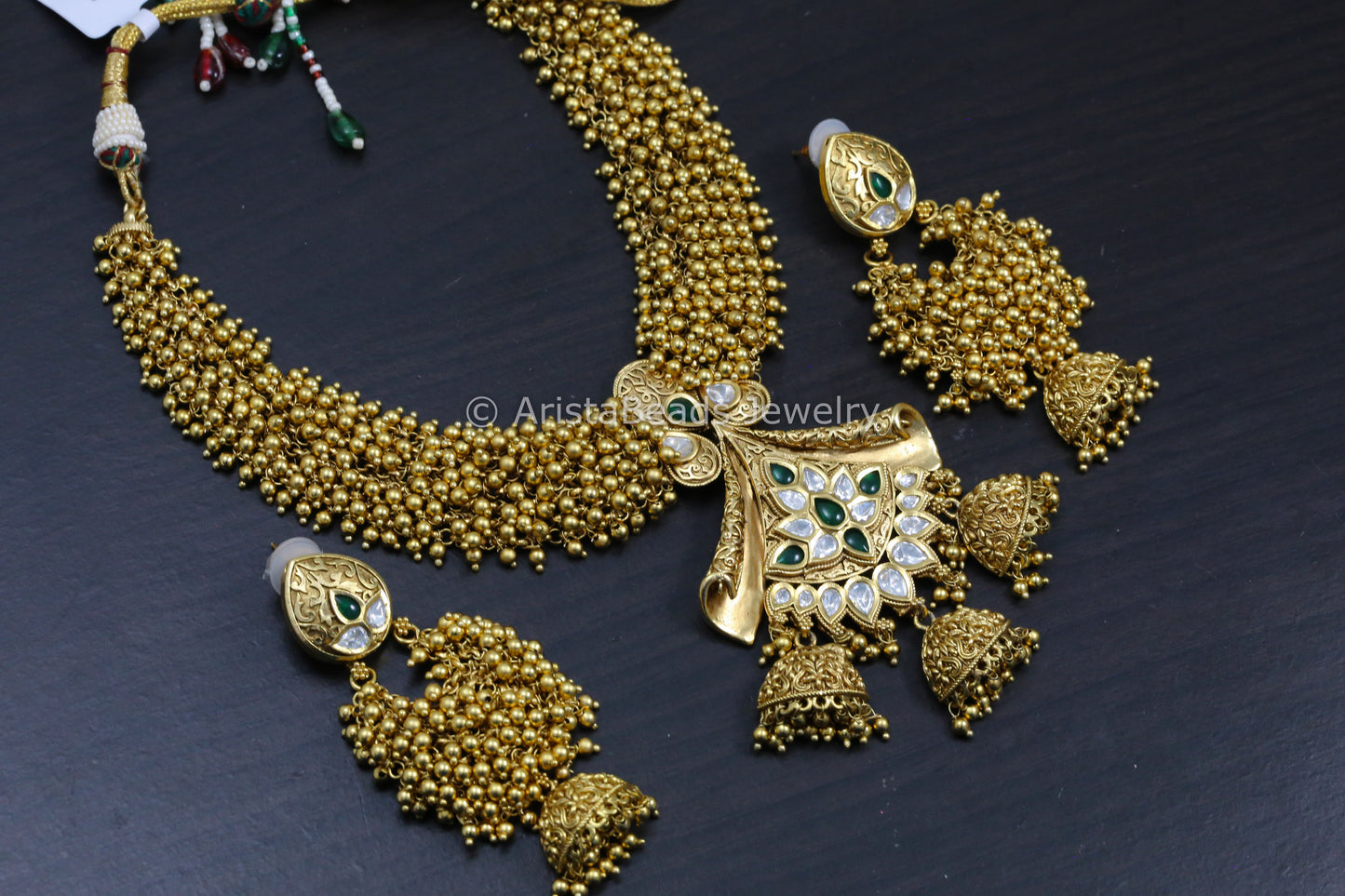 Kundan Gajra Style Guttapusalu Necklace Set - Green