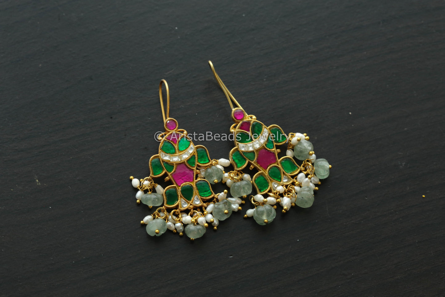 Fluorite & Real Pearls Kundan Fish Earrings - Green