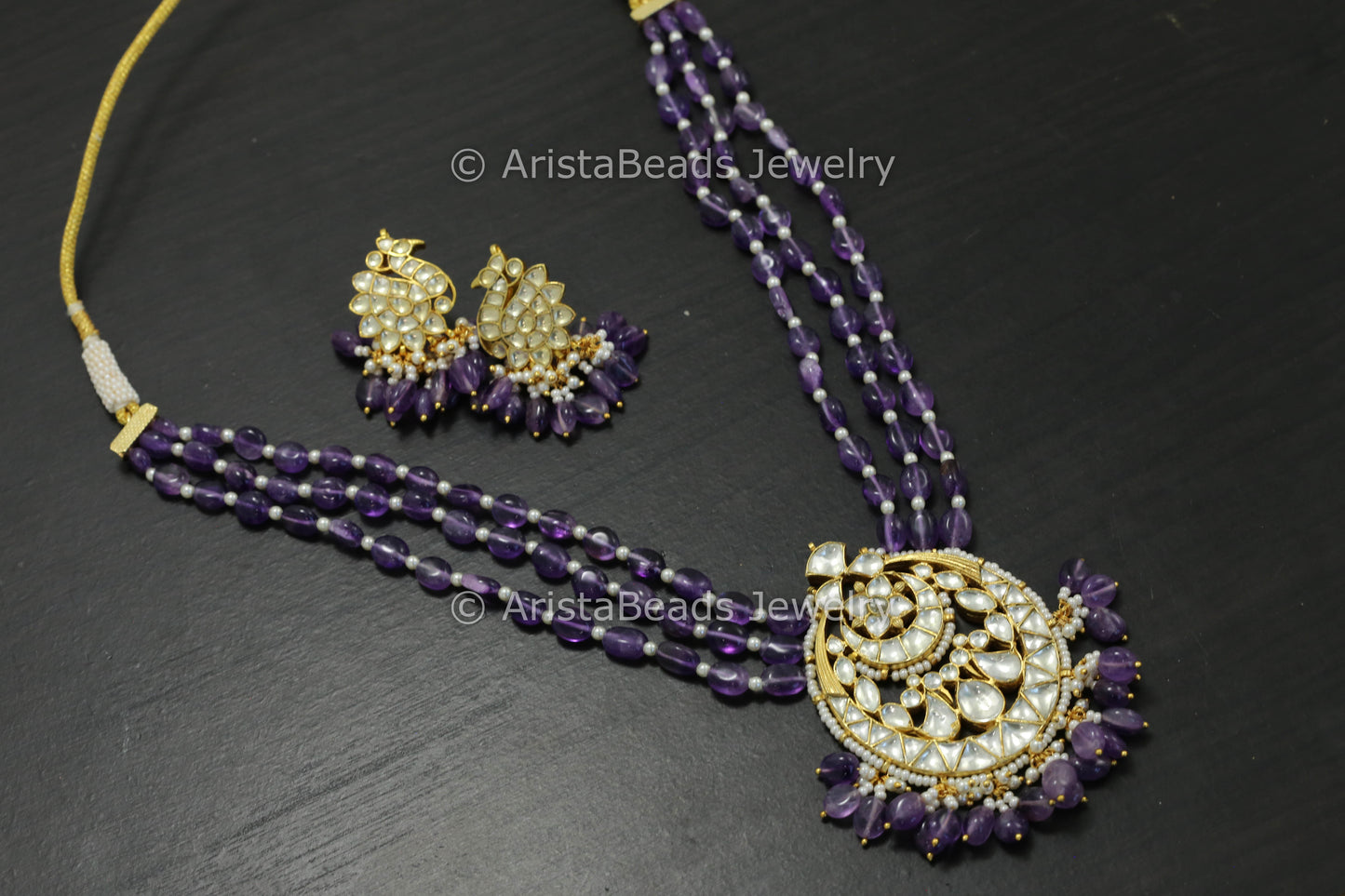 Real Amethyst Pachi Kundan Necklace Set