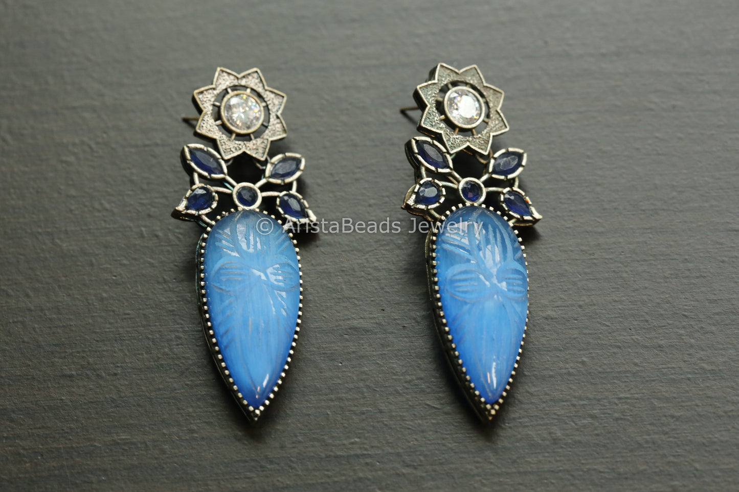 Large Oxidized Carved Stone Earrings - Blue