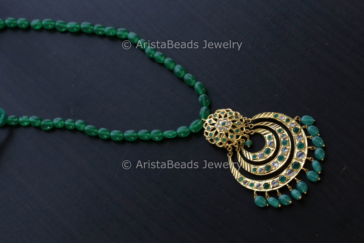 Handmade CZ Jadau Pendant Necklace- Green