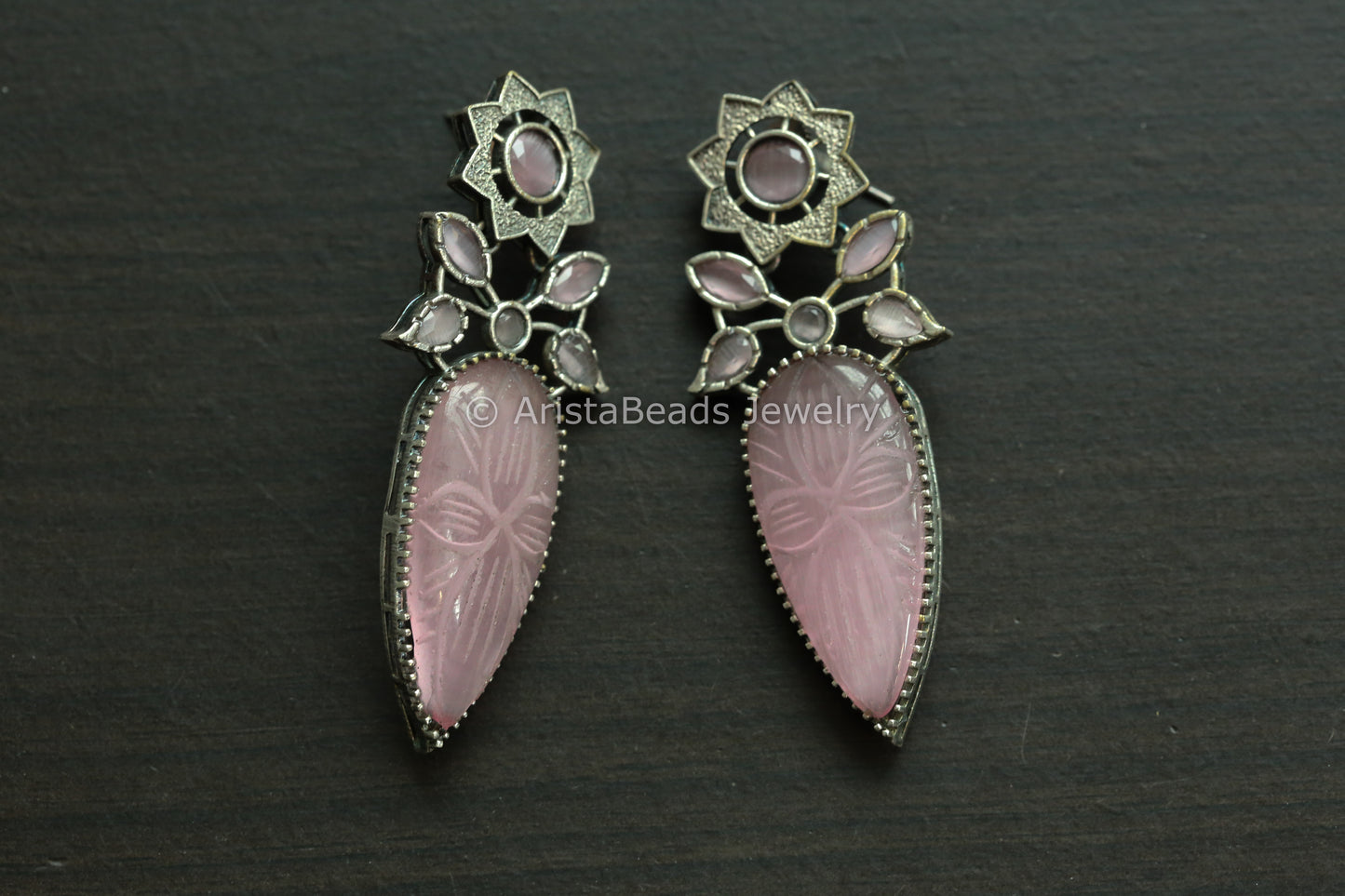 Large Oxidized Carved Stone Earrings - Pink