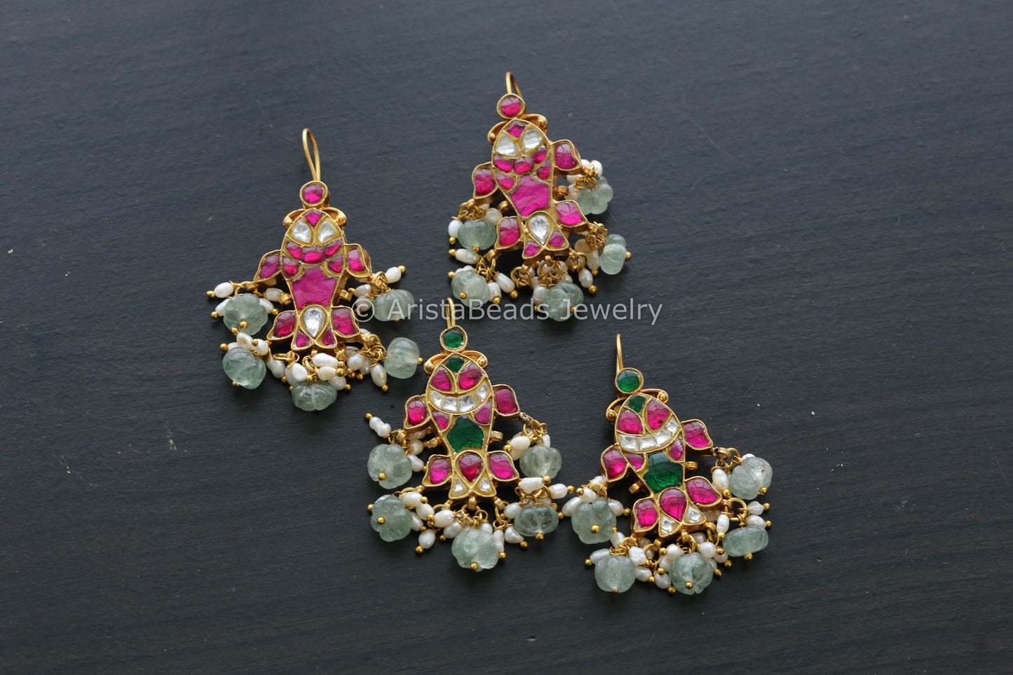 Fluorite & Real Pearls Kundan Fish Earrings - Ruby