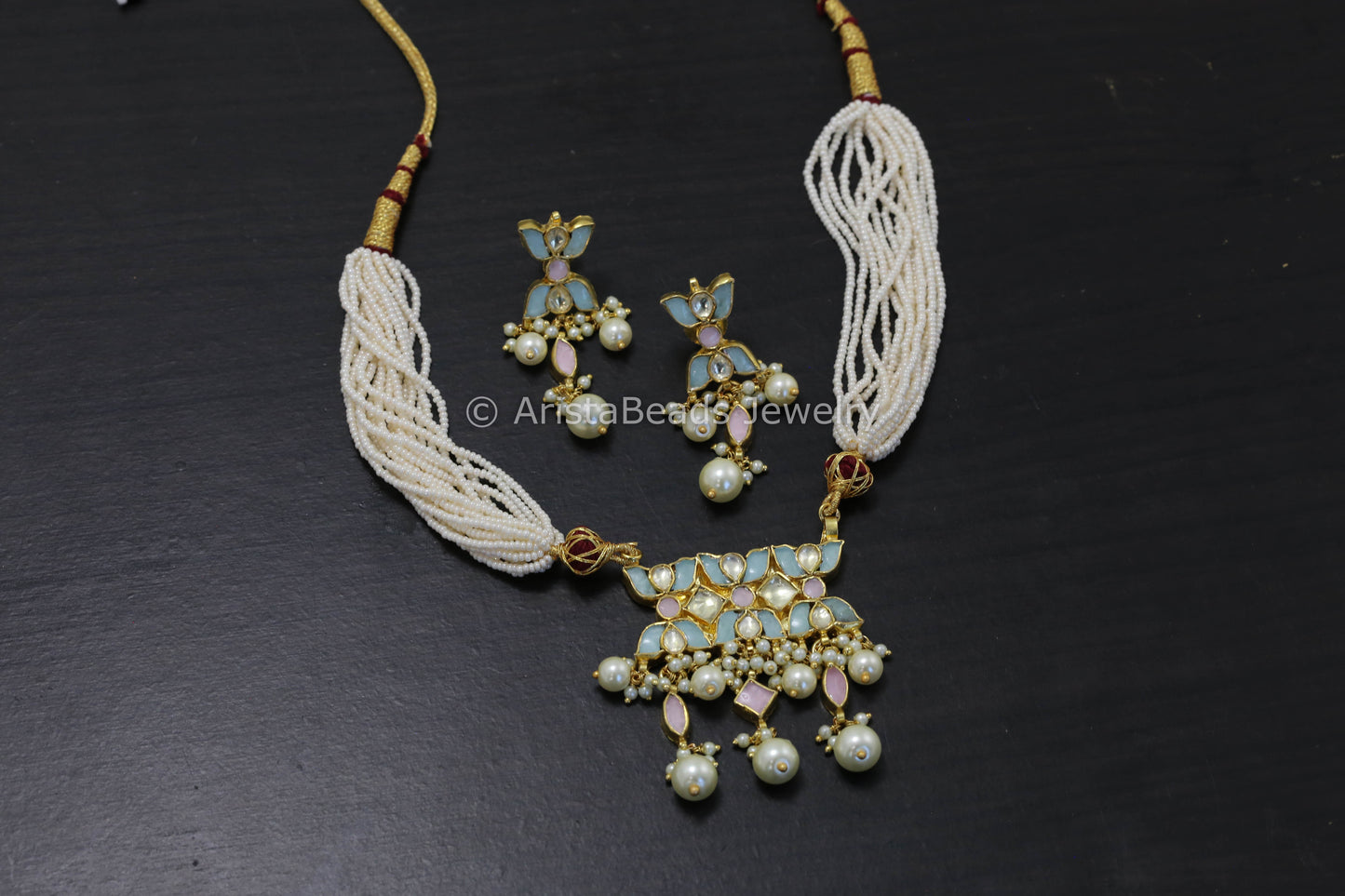 Dainty Pachi Kundan Necklace Set - Mint