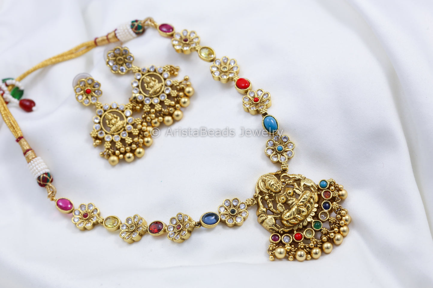 Navratan Antique Gold Temple Necklace Set