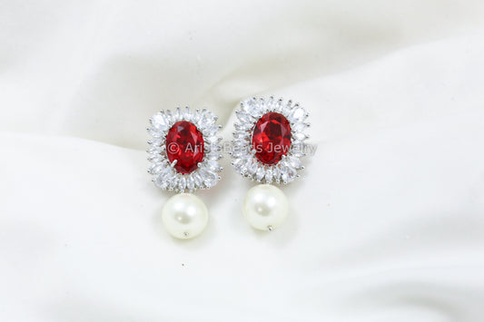 Red CZ Earring With Pearl Drops