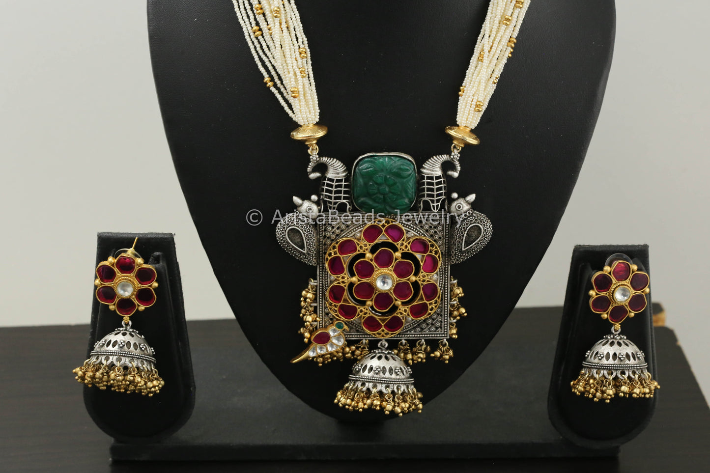 Dual Tone Pota Stone Kundan Necklace Set - Green Ruby