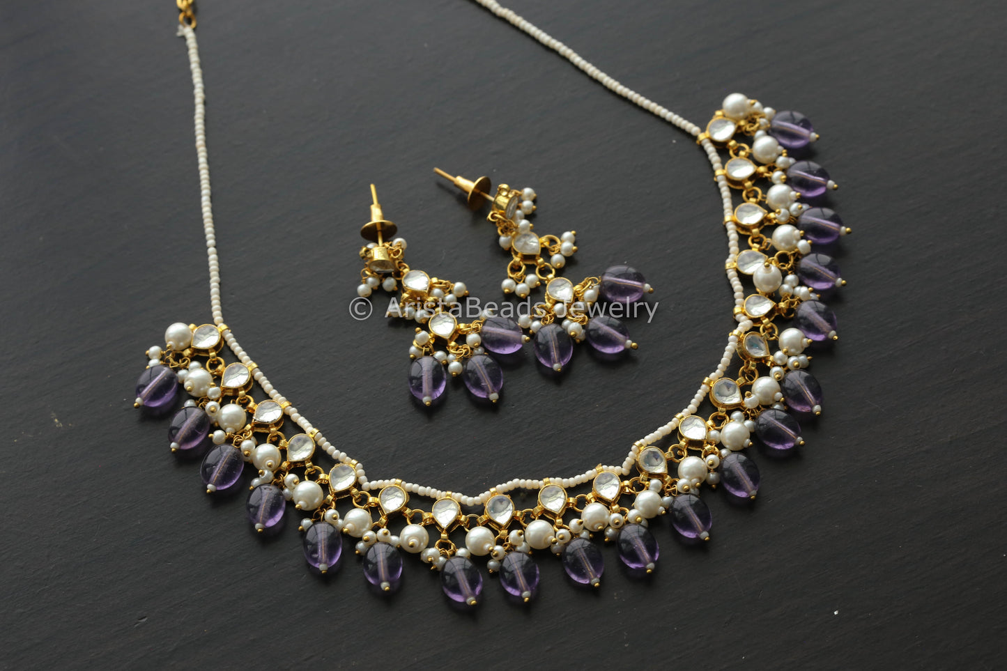 Dainty Pachi Kundan Necklace Set - Purple Drops