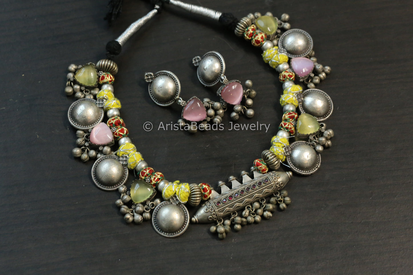 Amrapali Silver Look Alike  Tabeez Necklace Set  -Yellow Pink