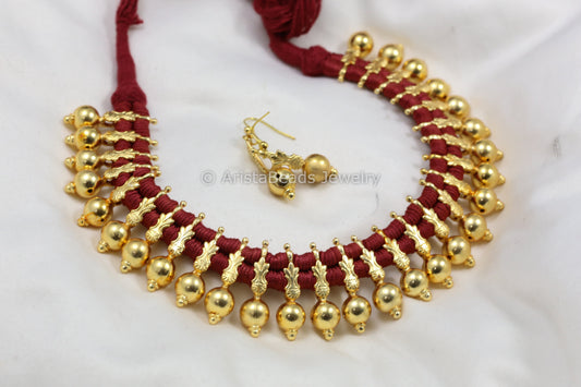Gold Finish Thread Necklace - Maroon